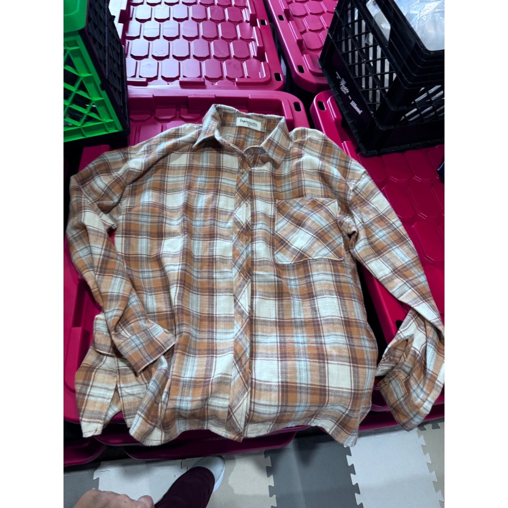 Impressions Boutique Brown Plaid Flannel Button Down Shirt Women ML Oversized